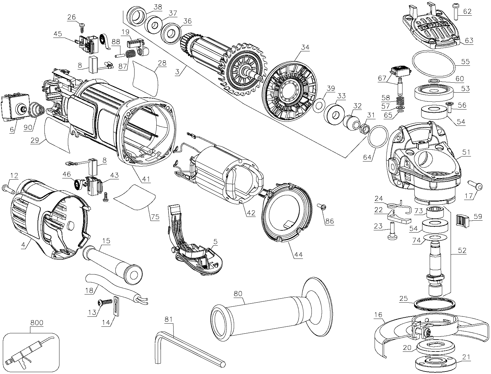Default Diagram and Parts List for Type 1 DeWALT Angle Grinder