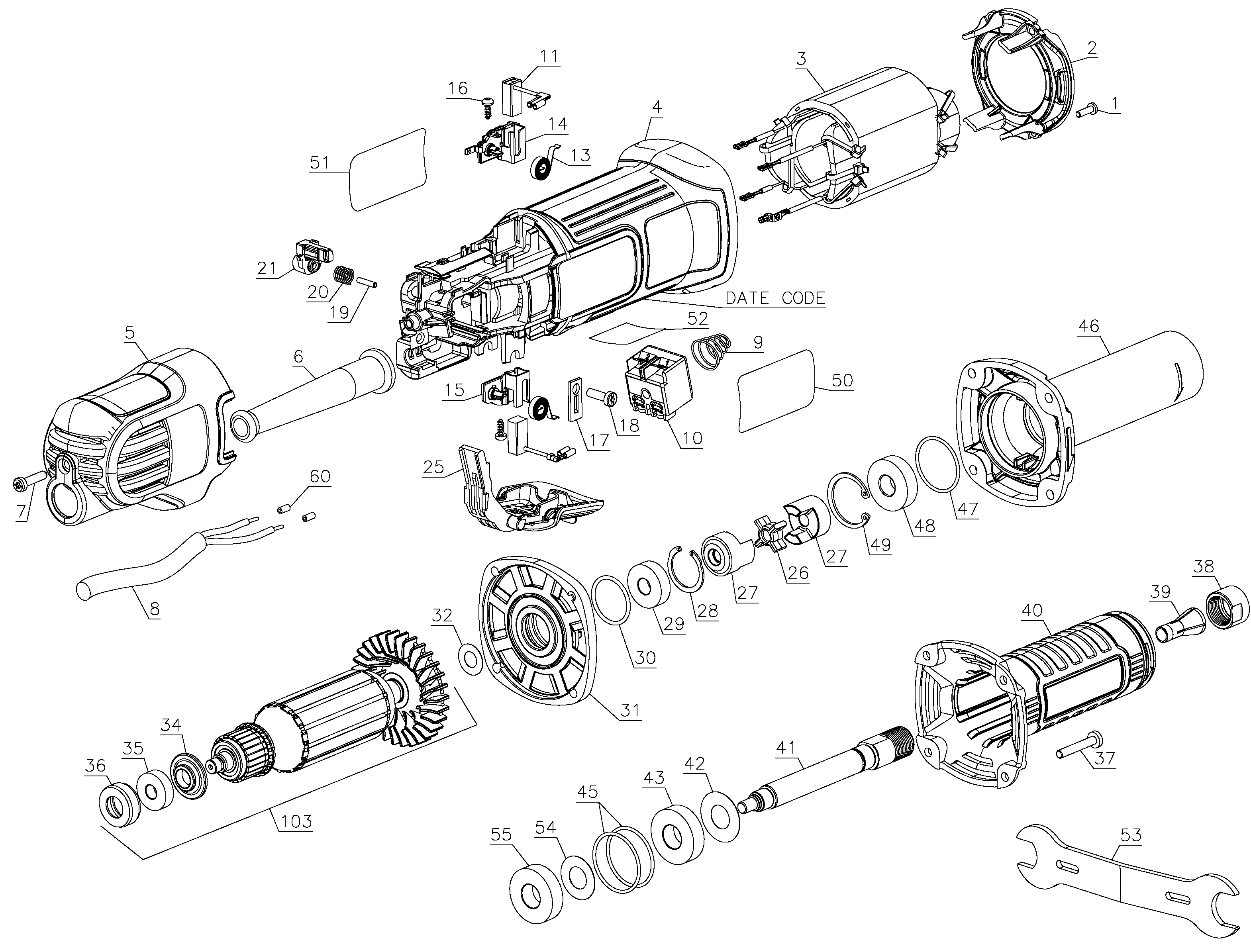 Page A Diagram and Parts List for 1 DeWALT Grinder