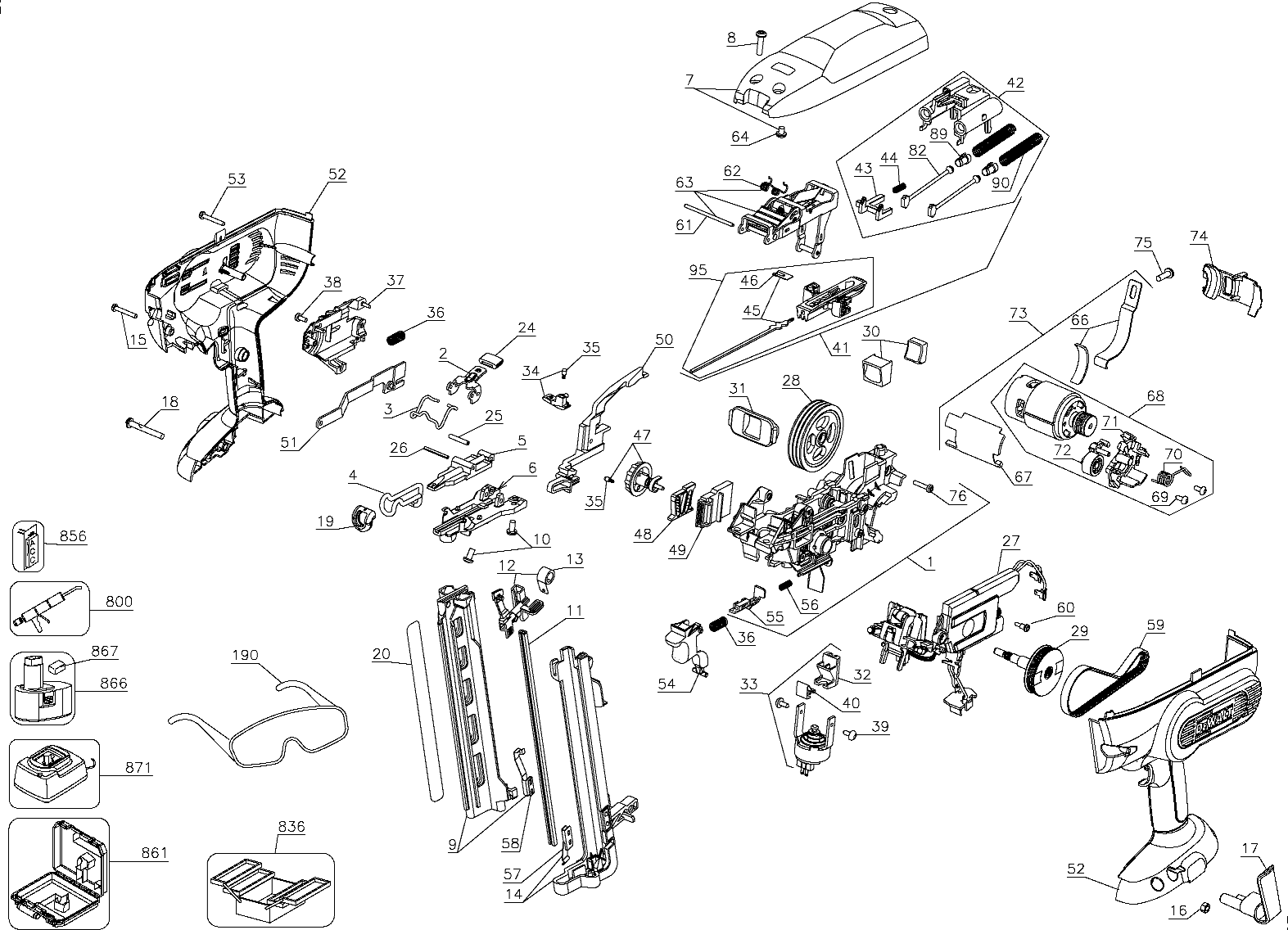 Default Diagram and Parts List for Type 1 DeWALT Nailer