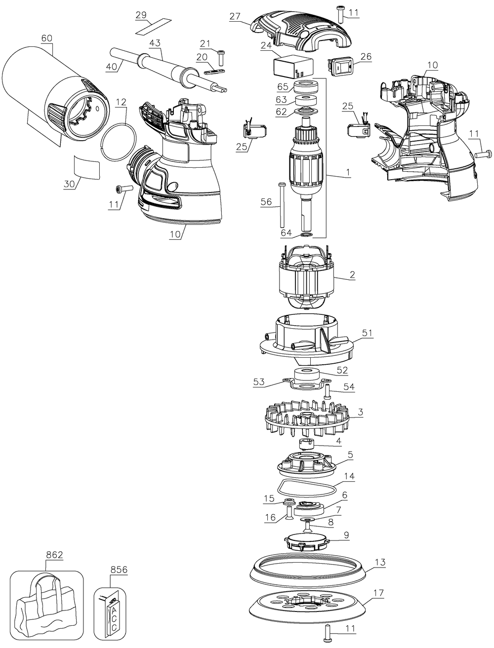 Diagram Diagram and Parts List for Type 1 DeWALT Orbital or Palm Sander