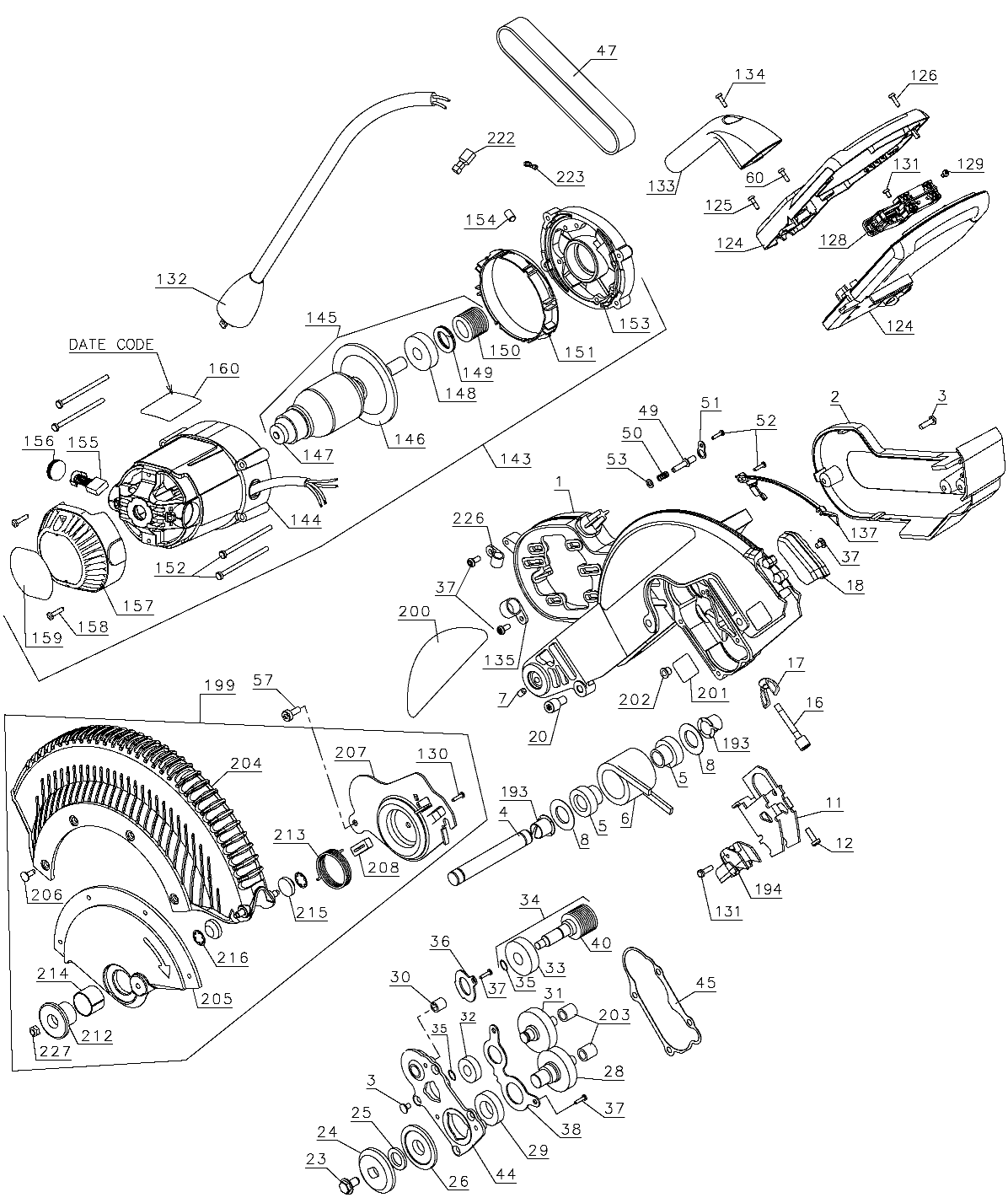 Default Diagram and Parts List for Type 20 DeWALT Saw