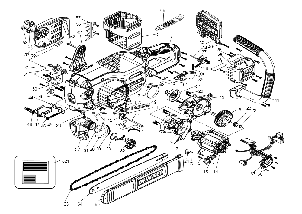 Exploded Diagram A Diagram and Parts List for Type 1 DeWALT Chainsaw