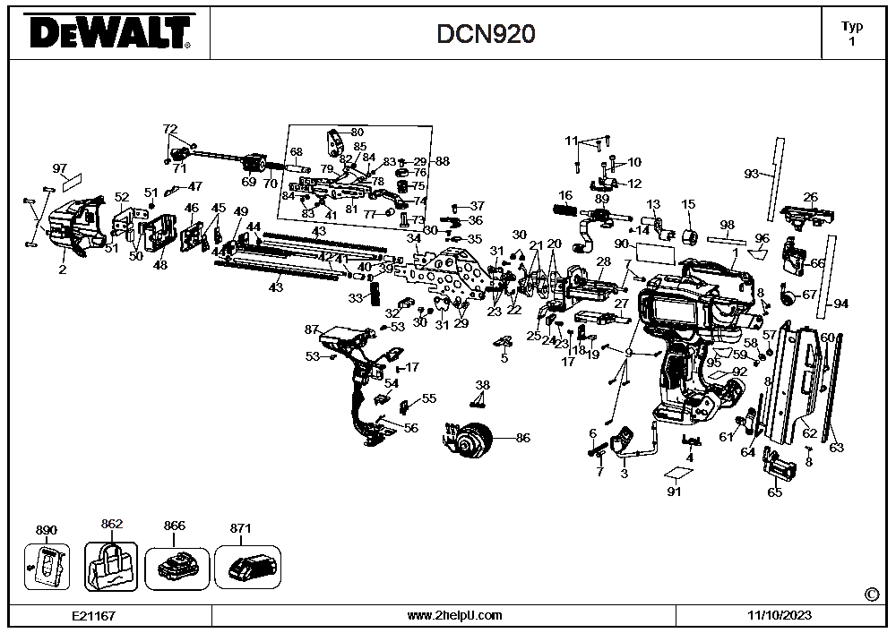 Section 1 Diagram and Parts List for Type 1 DeWALT Nailer