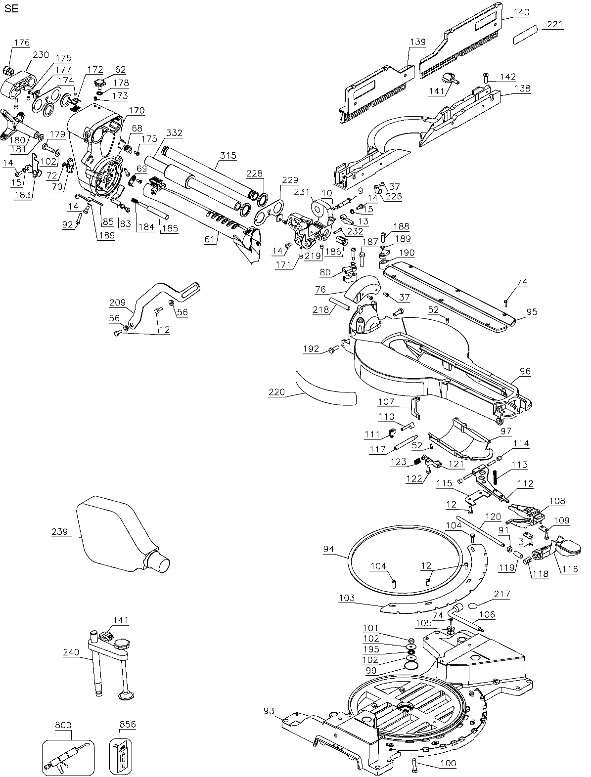 TABLE Diagram and Parts List for Type 20 DeWALT Miter Saw