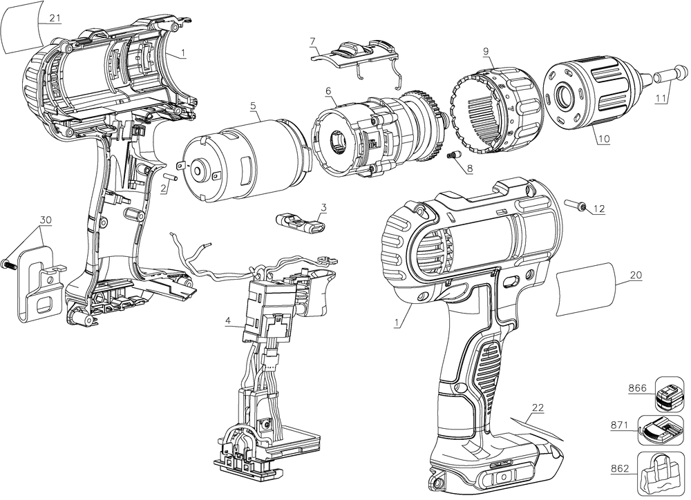 Diagram Diagram and Parts List for Type 2 DeWALT Cordless Drill
