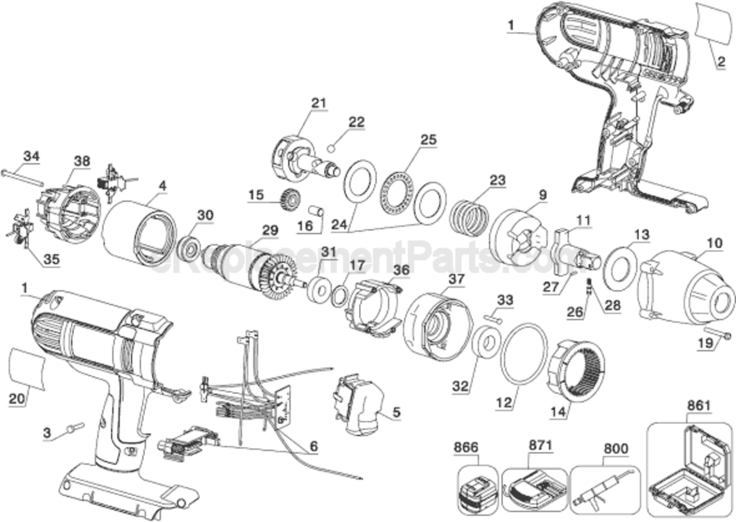 Page A Diagram and Parts List for Type 1 DeWALT Impact Driver