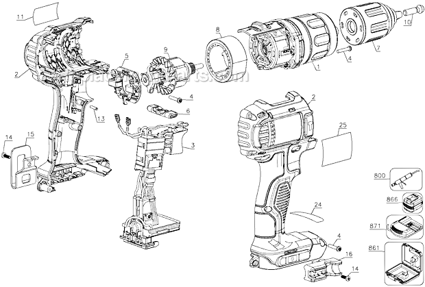 Page A Diagram and Parts List for Type 1 DeWALT Cordless Drill