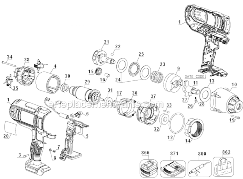 Page A Diagram and Parts List for Type 1 DeWALT Impact Driver