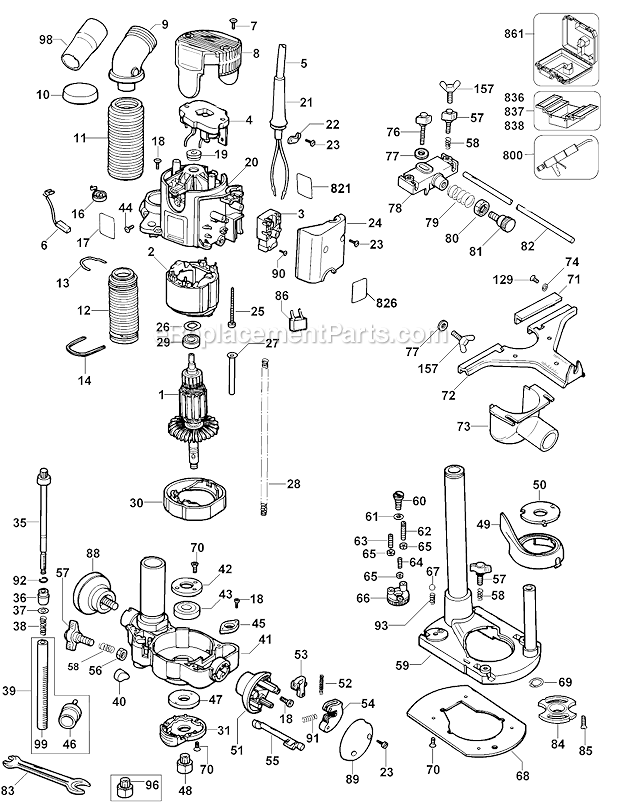 Page A Diagram and Parts List for Type 3 DeWALT Router