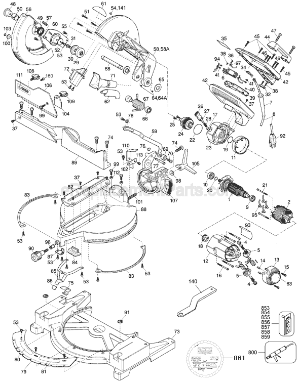 Page A Diagram and Parts List for Type 1 DeWALT Miter Saw