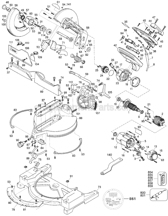 Page A Diagram and Parts List for Type 3 DeWALT Miter Saw