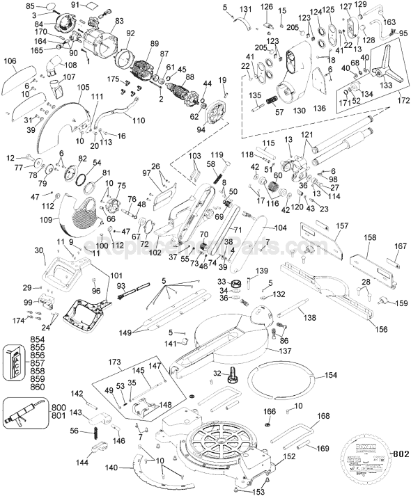 Page A Diagram and Parts List for Type 1 DeWALT Miter Saw
