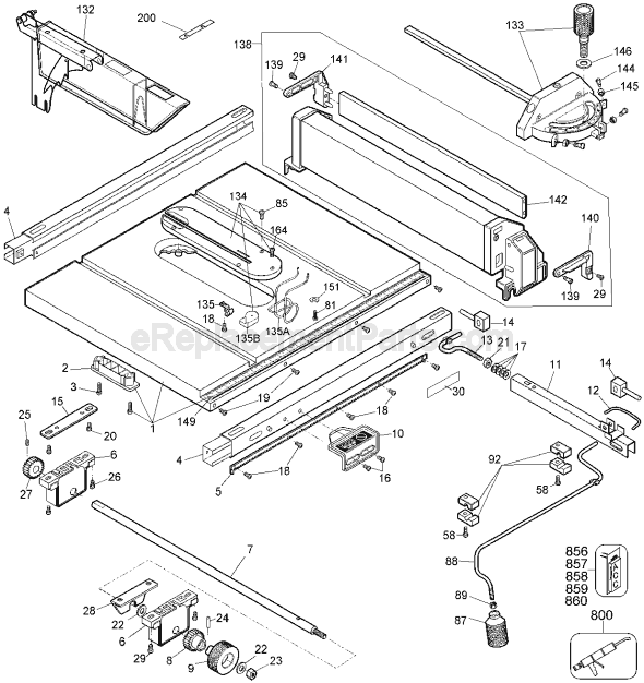 Page A Diagram and Parts List for Type 1 DeWALT Table Saw
