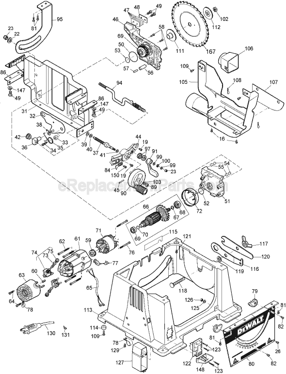Page B Diagram and Parts List for Type 1 DeWALT Table Saw
