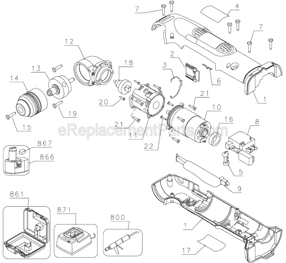 Page A Diagram and Parts List for Type 1 DeWALT Cordless Drill