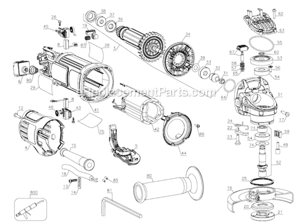 Page A Diagram and Parts List for Type 1 DeWALT Angle Grinder