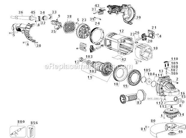 Page A Diagram and Parts List for Type 1 DeWALT Angle Grinder