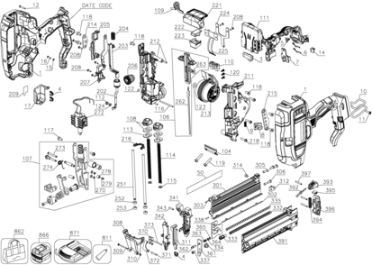 Default Diagram and Parts List for Type 1 DeWALT Nailer