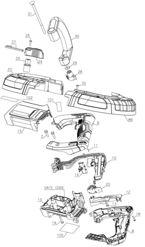 Default 2 Diagram and Parts List for Type 1 DeWALT Band Saw
