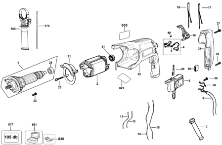 Default Diagram and Parts List for Type 10 DeWALT Hammer