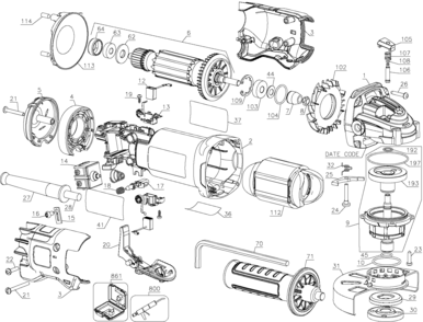Default Diagram and Parts List for Type 1 DeWALT Grinder