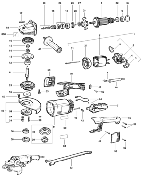 Default Diagram and Parts List for Type 2 DeWALT Grinder