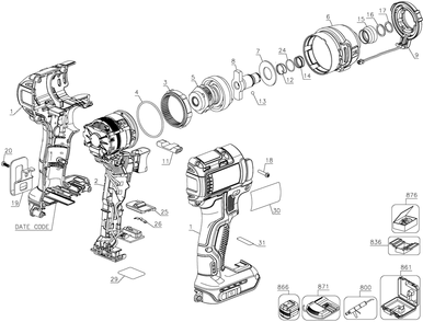 Section 1 Diagram and Parts List for Type 3 DeWALT Impact Driver