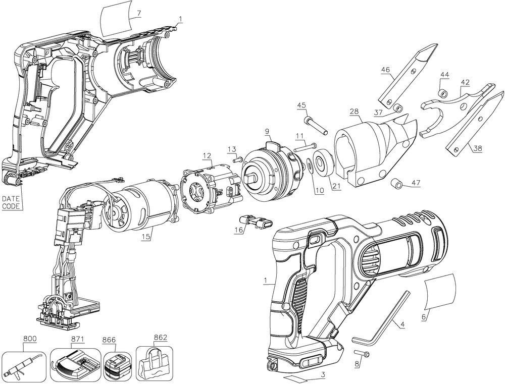 Section 1 Diagram and Parts List for Type 1 DeWALT Nibbler & Shears
