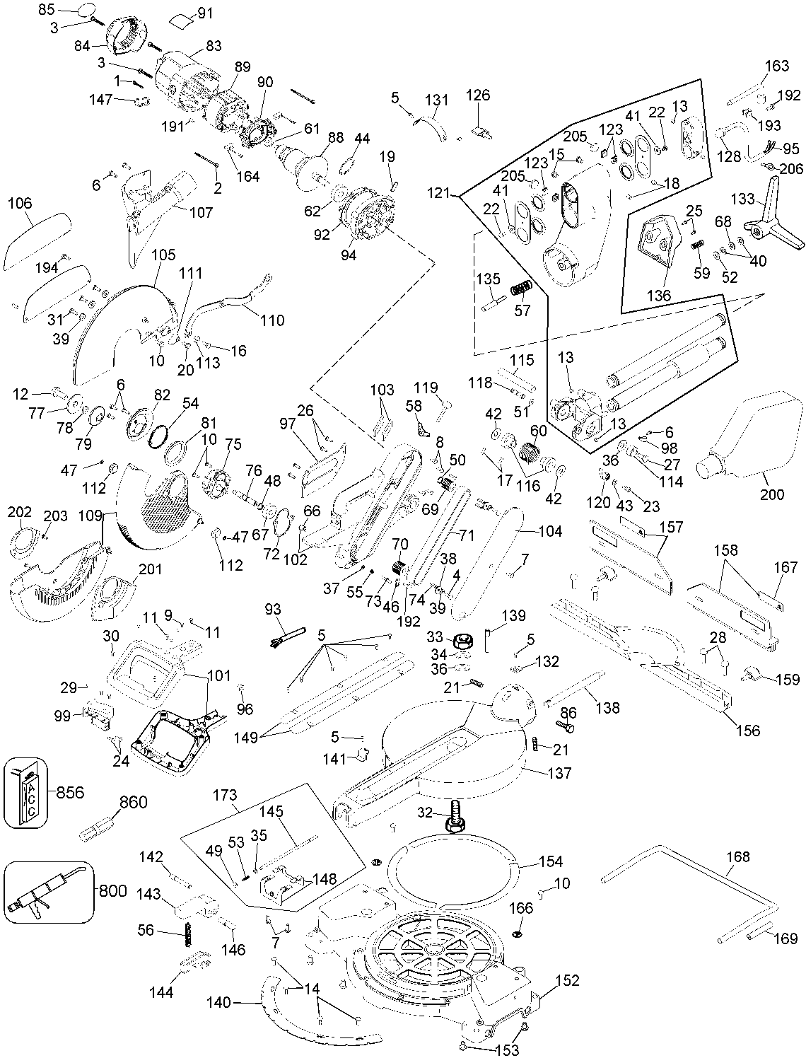 Default Diagram and Parts List for Type 2 DeWALT Miter Saw