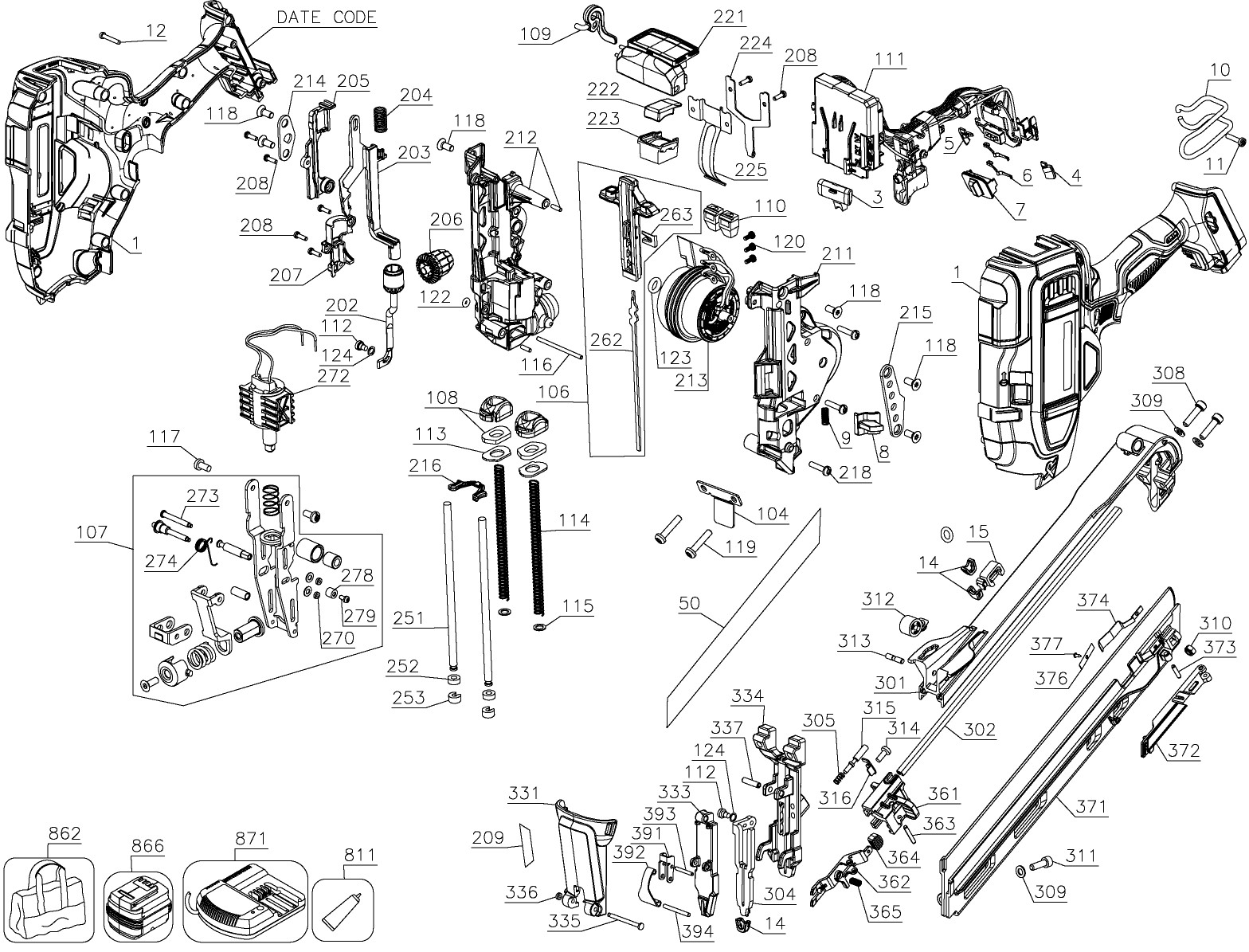 Default Diagram and Parts List for Type 1 DeWALT Nailer