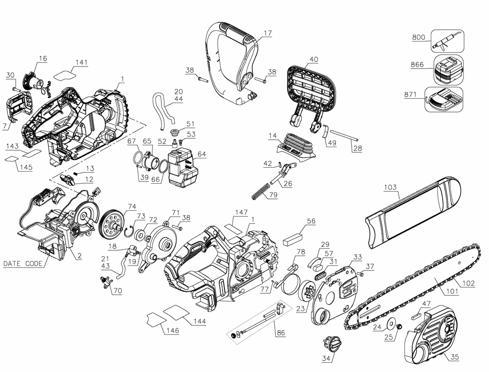 Exploded Diagram A Diagram and Parts List for Type 3 DeWALT Chainsaw