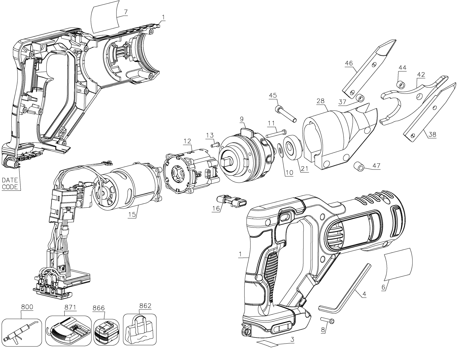 Default Diagram and Parts List for Type 1 DeWALT Nibbler & Shears