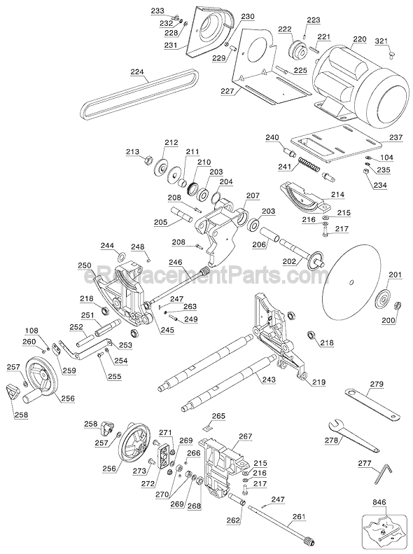 Arbor and Support Assembly  -  Motor Diagram and Parts List for  Delta Table Saw