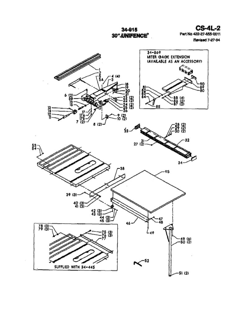 30-Inch Unifence Diagram and Parts List for 88J00000 Delta Table Saw