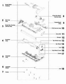 Brush Roll / Cleaner Head Diagram and Parts List for  Dyson Upright Vacuum