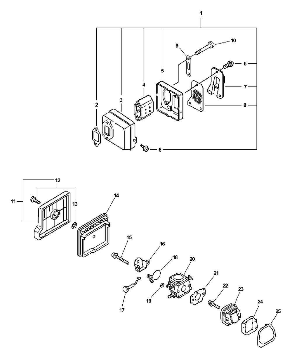 Intake, Exhaust Diagram and Parts List for (Type 1)(00001001 - 99999999) Echo Chainsaw