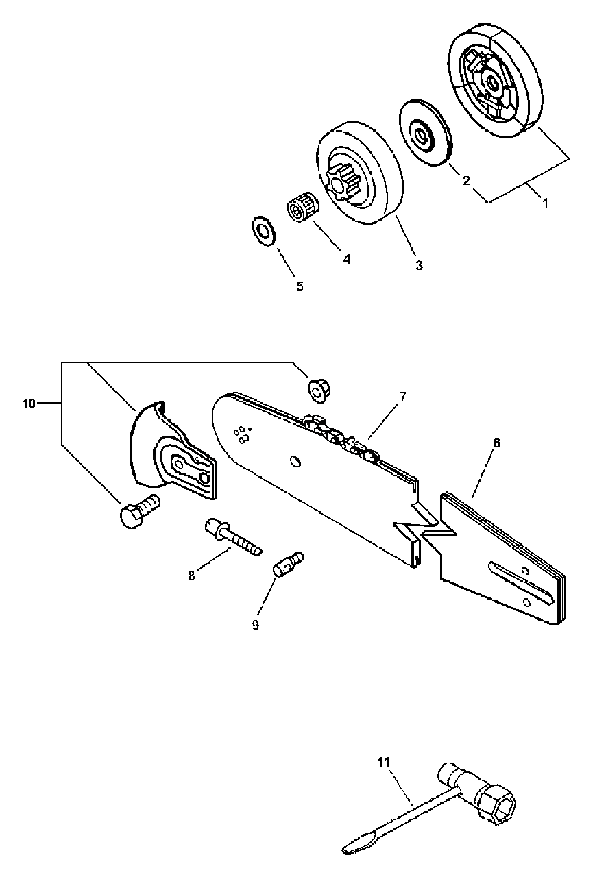 Clutch Assembly, Bar And Chain, Tools Diagram and Parts List for (Type 1)(00001001 - 99999999) Echo Chainsaw