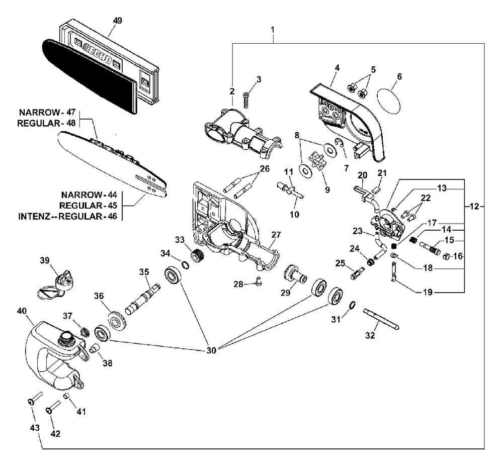 Gear Case, Auto-Oiler, Guide Bar, Chain S/N: 505900 - 999999 Diagram and Parts List for  Echo Pole Saw