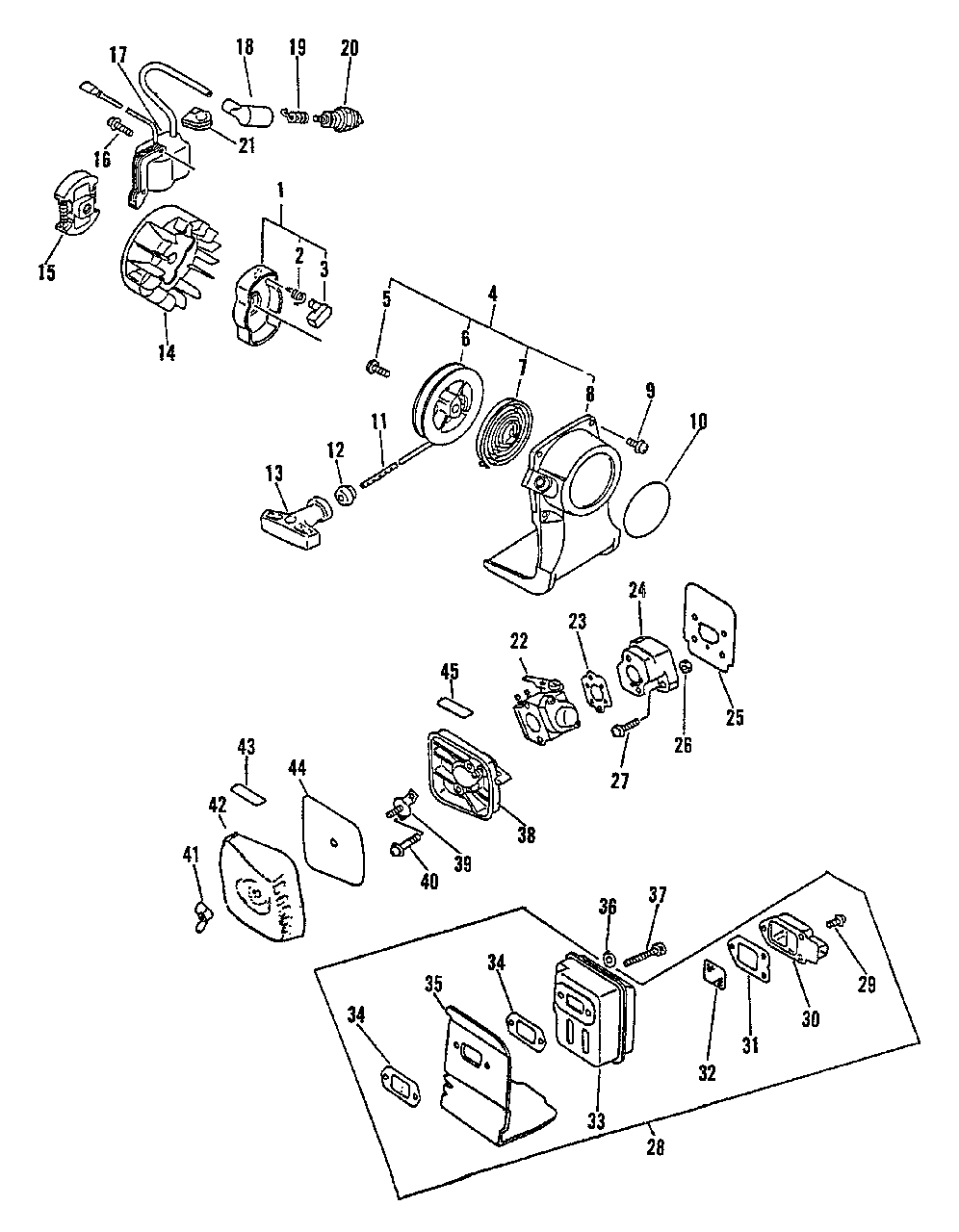 Clutch, Ignition, Starter, Intake, Exhaust Diagram and Parts List for 0135001 - 9999999 Echo Trimmer