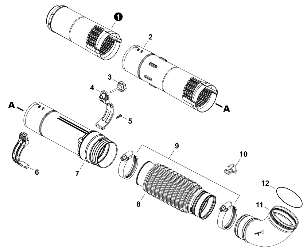 Blower Tubes Diagram and Parts List for P56015001001 - P56015999999 Echo Leaf Blower / Vacuum