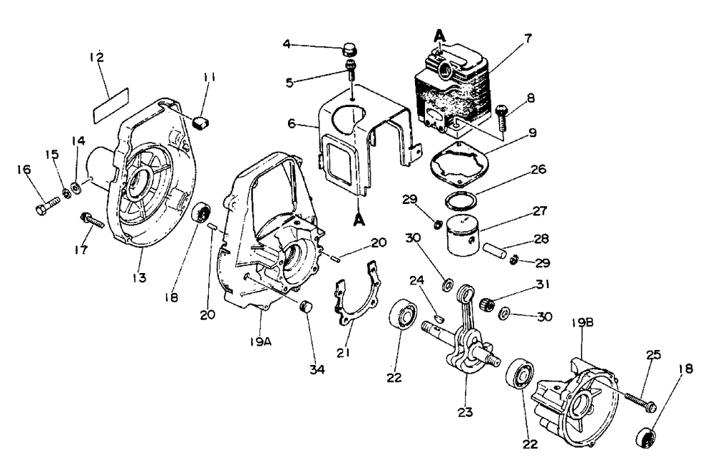 Engine, Crankcase, Fan Housing Cover Diagram and Parts List for AE Version Echo Trimmer