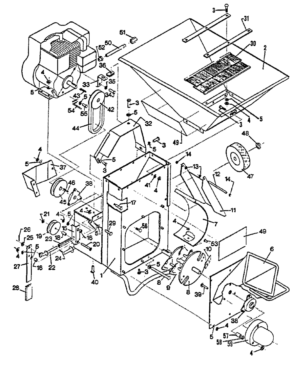 Shredder Frame, Hopper, Rotor, Drv Sys, Discharge, Wheels Diagram and Parts List for E081612 - E999999 Echo Chipper Shredder