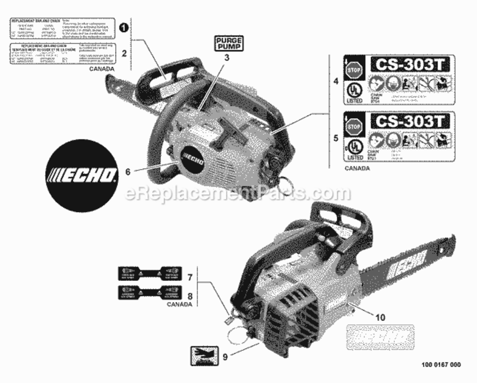 Labels Diagram and Parts List for C26111001001 - C26111999999 Echo Chainsaw