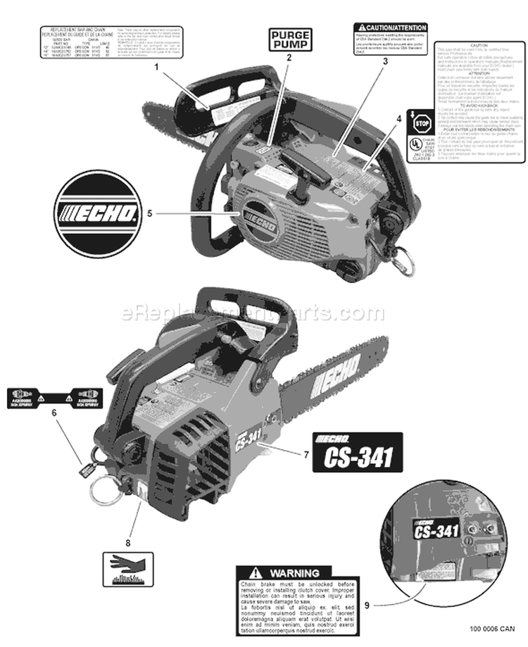Page J Diagram and Parts List for C09513001001 - C09513999999 Echo Chainsaw