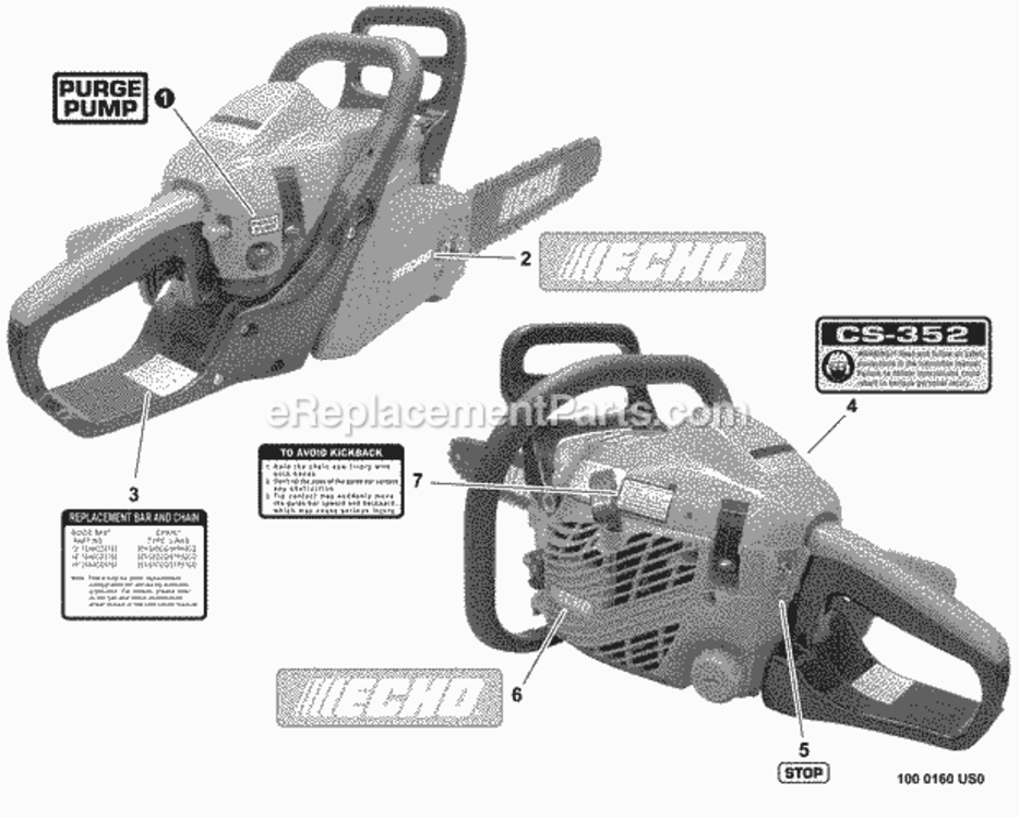 Labels Diagram and Parts List for C19612001001 - C19612999999 Echo Chainsaw