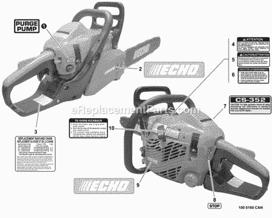 Labels Diagram and Parts List for C19813001001 - C19813999999 Echo Chainsaw
