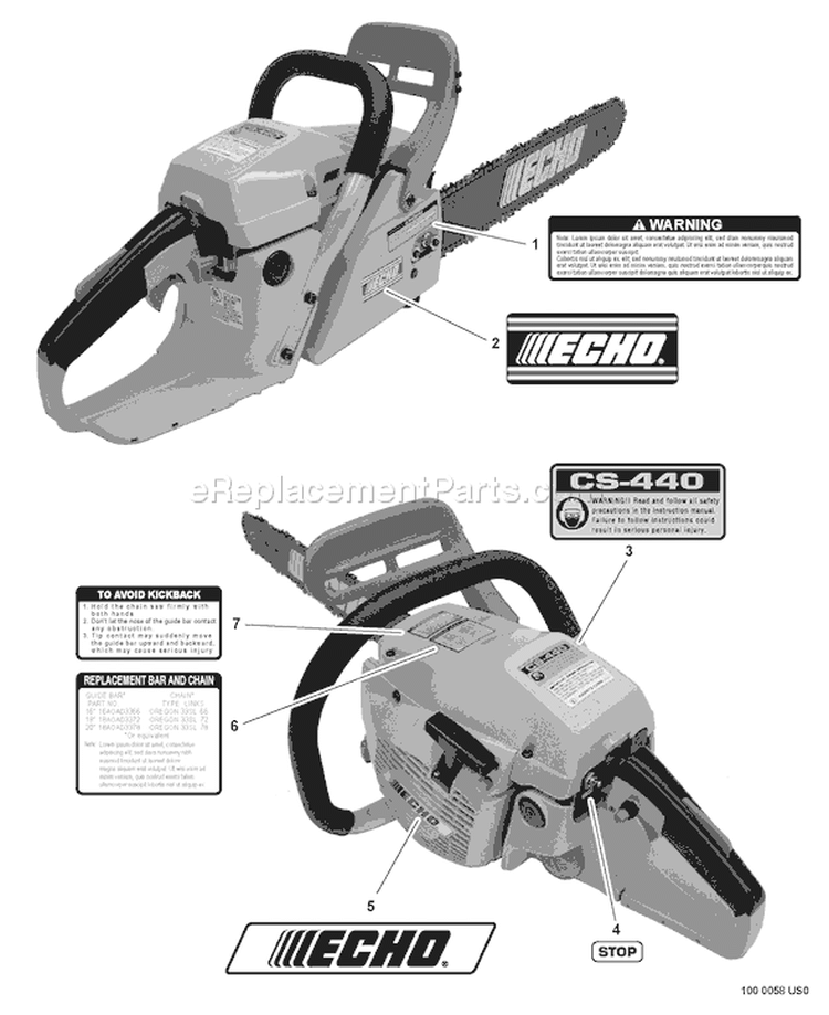 Page J Diagram and Parts List for 08007505 - 08999999 Echo Chainsaw