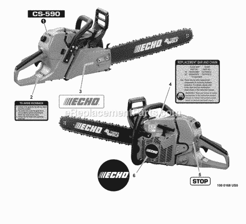 Labels Diagram and Parts List for C25812001001 - C25812999999 Echo Chainsaw
