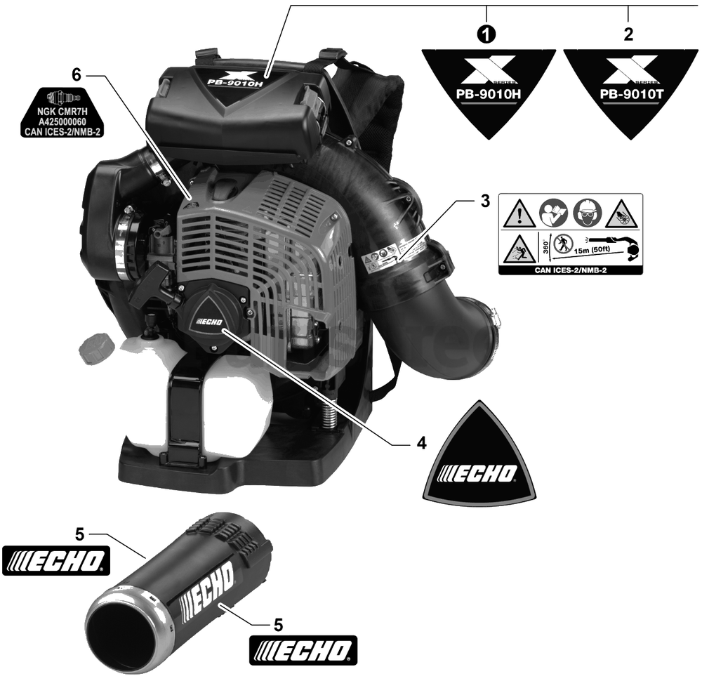 Labels Diagram and Parts List for P56015001001 - P56015999999 Echo Leaf Blower / Vacuum
