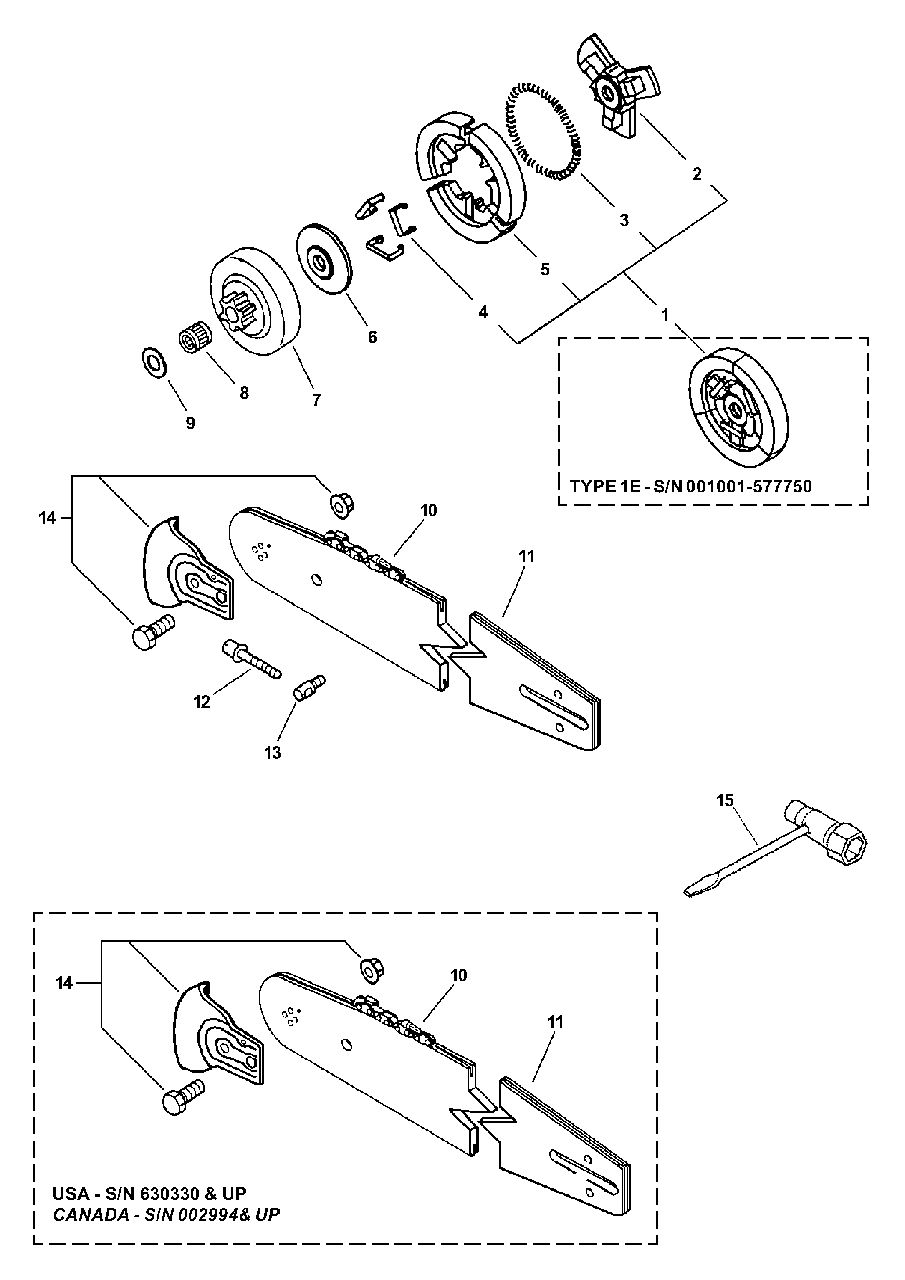 Clutch And Guide Bar Diagram and Parts List for (Type 1E)(00001001 - 99999999) Echo Chainsaw